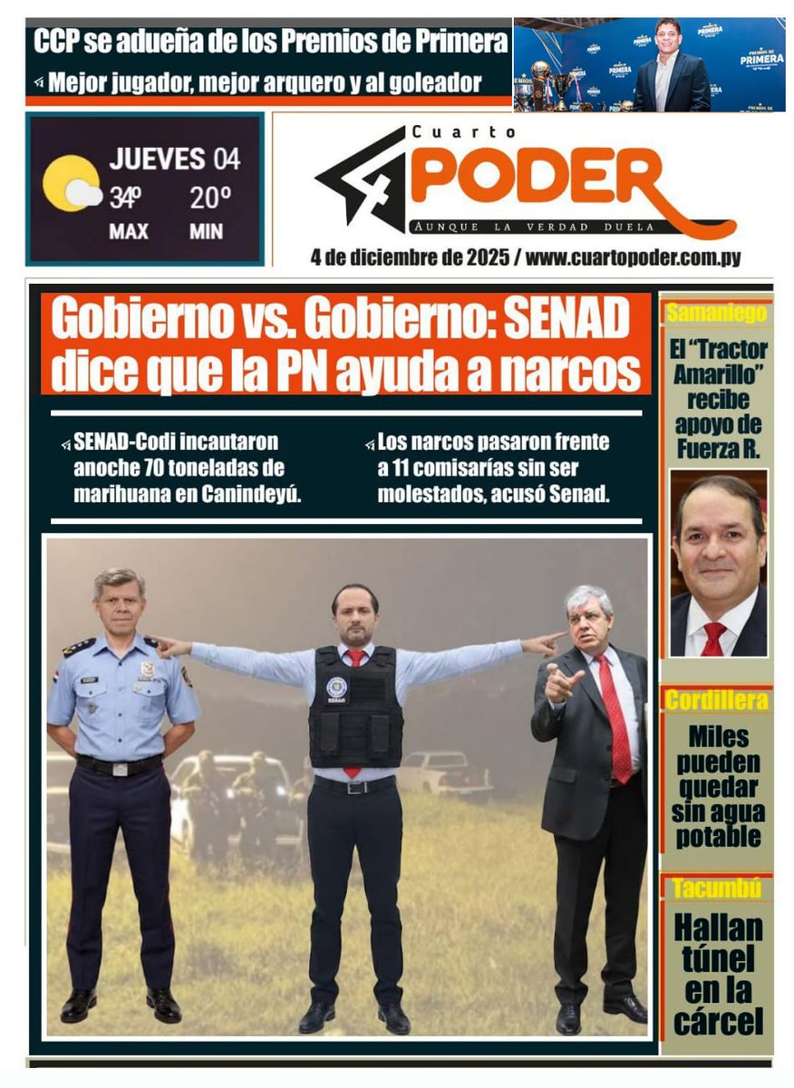 CuartoPoder_Py's tweet image. #Tapa4toPoder 4 de diciembre 2025 ◾cuartopoder.com.py
@senad_paraguay @policia_py @MinPublicoPy @MDI_Paraguay @MDN_PY @laembajada @arnaldosamanieg @mambiente_py @MJusticiaPy @CCP1912oficial @APFOficial