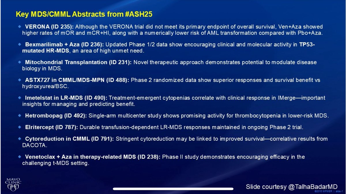 #ASH25 Key abstracts to watch in MDS/CMML 👇

➡️ Deeper insights into Ven+Aza across high-risk and therapy-related #MDS 
➡️ Momentum in telomerase inhibitors, TPO agonists &amp; precision-fusion agents
➡️ Emerging immunotherapy strategy for #TP53 mutant disease
➡️ Fascinating
