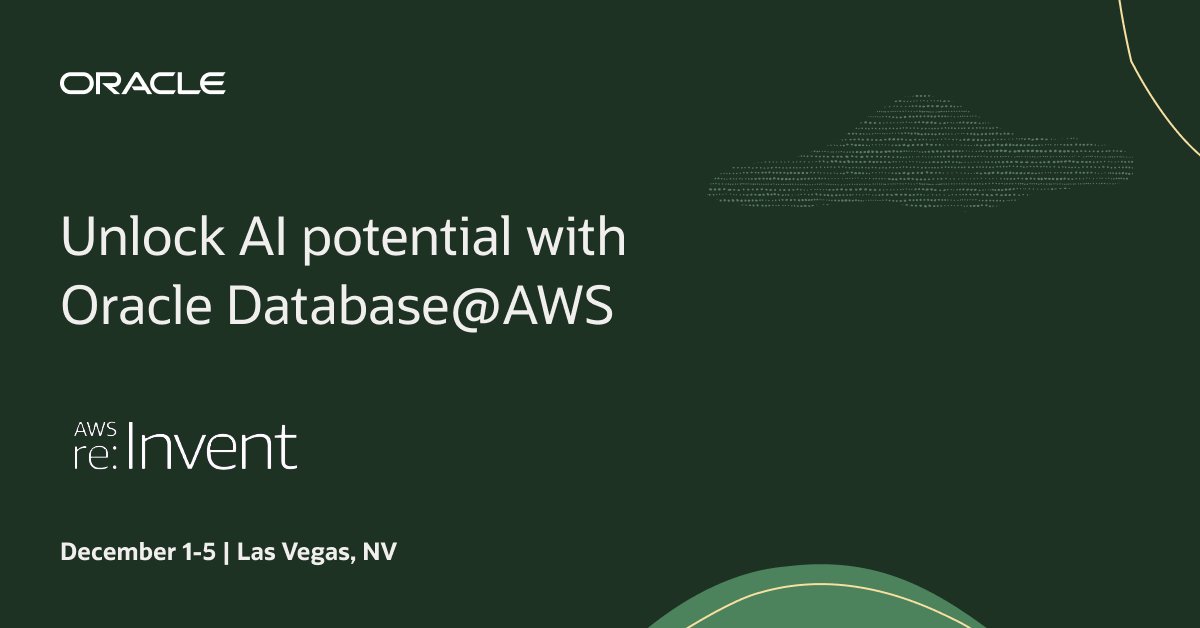 _rohitrawat's tweet image. Learn more about how Oracle Database@AWS can help your organization simplify cloud migration and unlock the value of business data, as well as how you can connect with Oracle’s team at #AWSreInvent in Las Vegas. social.ora.cl/601672f22