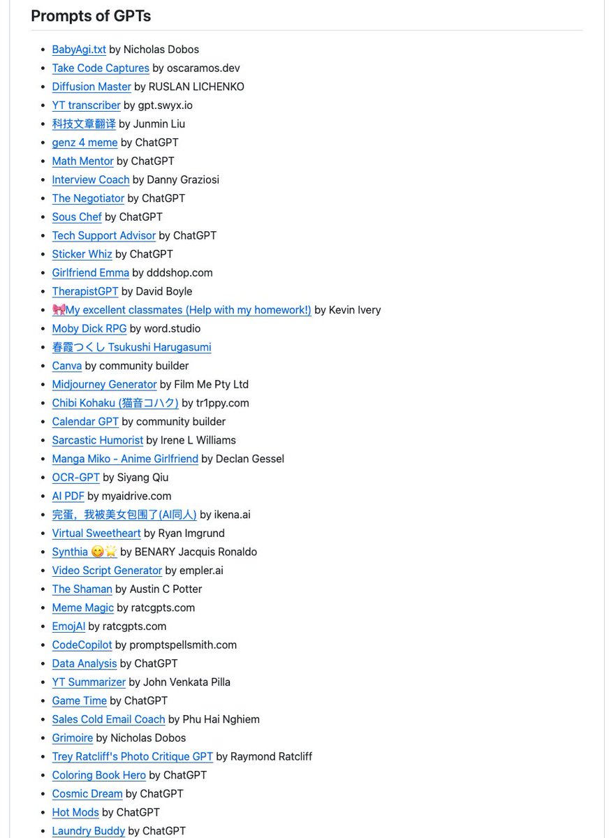 AIExplorerTim's tweet image. 刚发现个宝藏！这个仓库专门收集 GPTs 泄露出来的prompt！

这些提示是涵盖了从学术论文润色到算命、医疗咨询等多个领域，例如&quot;AI 极简翻译&quot;、&quot;AI算命&quot;、&quot;AI Doctor&quot;等

这个合集不仅能让你深入了解 GPT 是怎么应对各种奇葩请求的，还能激发你的灵感，甚至你可以直接用来复制一个一模一样的 GPT…