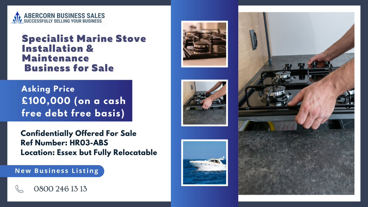 New Businesses for Sale (HR03-ABS) : Specialist Marine Stove Installation &amp; Maintenance Business for Sale.
Trusted by the UK boating community for reliability, professionalism, and transparency since 2017.
Confidentially Offered for sale 

Business Link: abercornbusinesssales.com/memorandum/mar…
