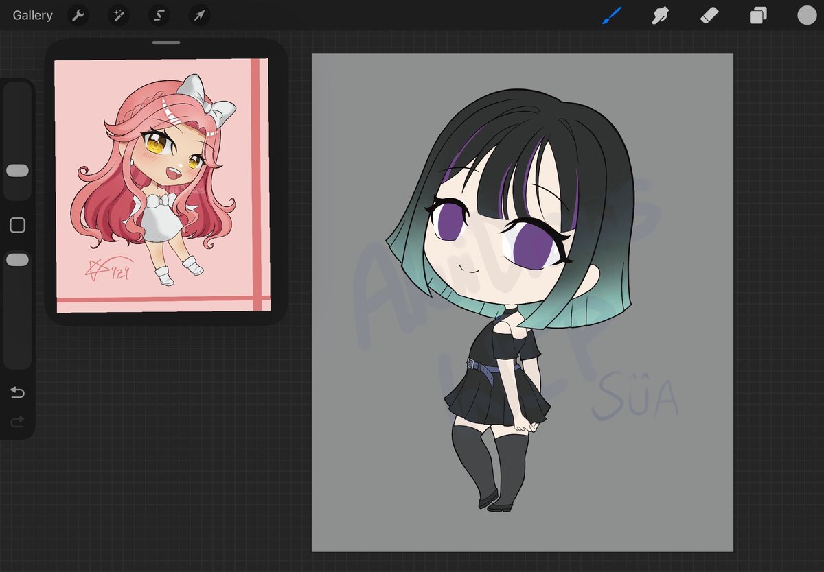 I finally started working on the Basecolors for the OutfitSwap!Sua Chibi! 
I thought it was a cool idea to add the hair gradient with Sua's image color as a way to reflect Mizi's blue gradient in the OG. 

Hope you like it so far! 

#alnst #alnst_fa #artmoots
