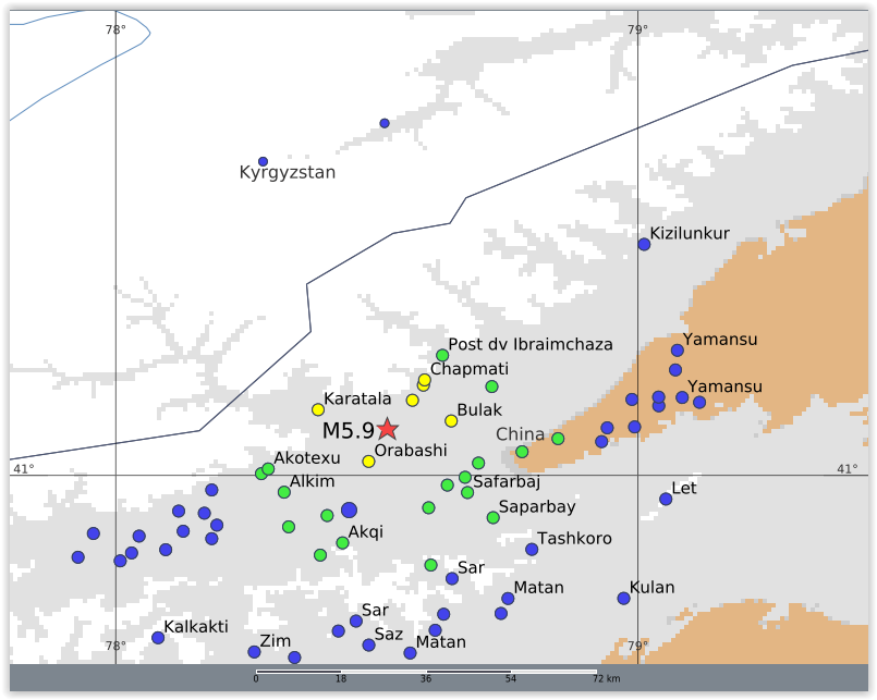 QLARM's tweet image. EARTHQUAKE M5.9. Origin Time: 2025-12-04 07:44:07 UTC, Kyrgyzstan-Xinjiang border region (41.09 ; 78.52), Depth: 10.0 km, (source(s): GFZ). Estimated fatalities: 10 to 150, injured: 50 to 540