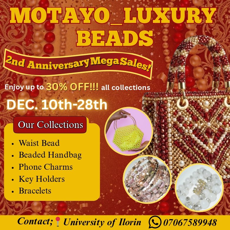 MMDesigns_hq's tweet photo. Recent deliverable for a clientโs 2nd Anniversary. ๐จโจ
โWe went for a bold Red & Gold theme to match the festive season and highlight the detailing on the beaded bags.
โRate this design on a scale of 1-10! ๐๐ฝ
โ#DesignTwitter #GraphicDesign #FlyerDesign #MMDesigns #Unilorin https://t.co/snKLCnREDN