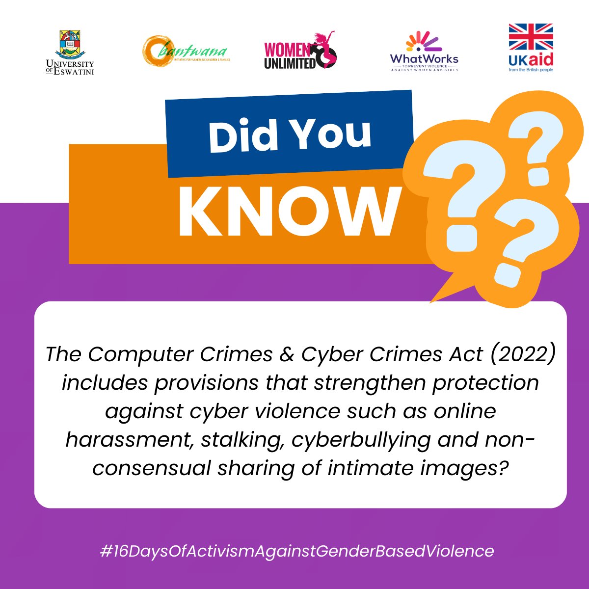 This #16Days, <a href="/WomenUnlimited3/">Women Unlimited eSwatini (Swaziland)</a> is spotlighting the Computer Crimes &amp; Cyber Crimes Act, protecting individuals from online harassment, cyberbullying, impersonation and other digital abuses. Stay informed, stay safe, and help make the internet a safe space. <a href="/WW2PreventVAWG/">What Works II</a>