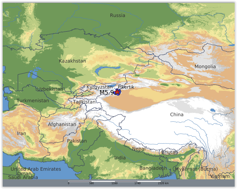 QLARM's tweet image. EARTHQUAKE M5.9. Origin Time: 2025-12-04 07:44:07 UTC, Kyrgyzstan-Xinjiang border region (41.09 ; 78.52), Depth: 10.0 km, (source(s): GFZ). Estimated fatalities: 10 to 150, injured: 50 to 540