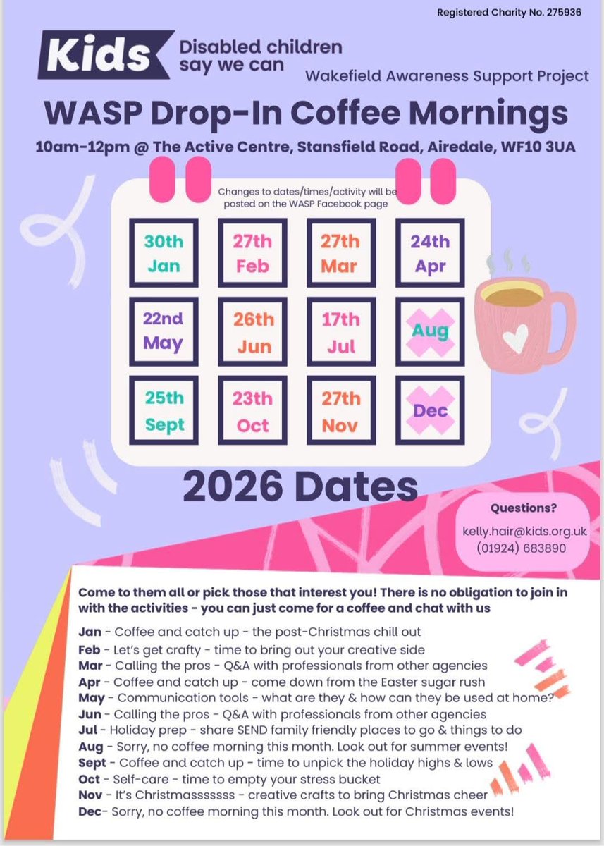 Please see the dates of the WASP drop-in Coffee Mornings for 2026: