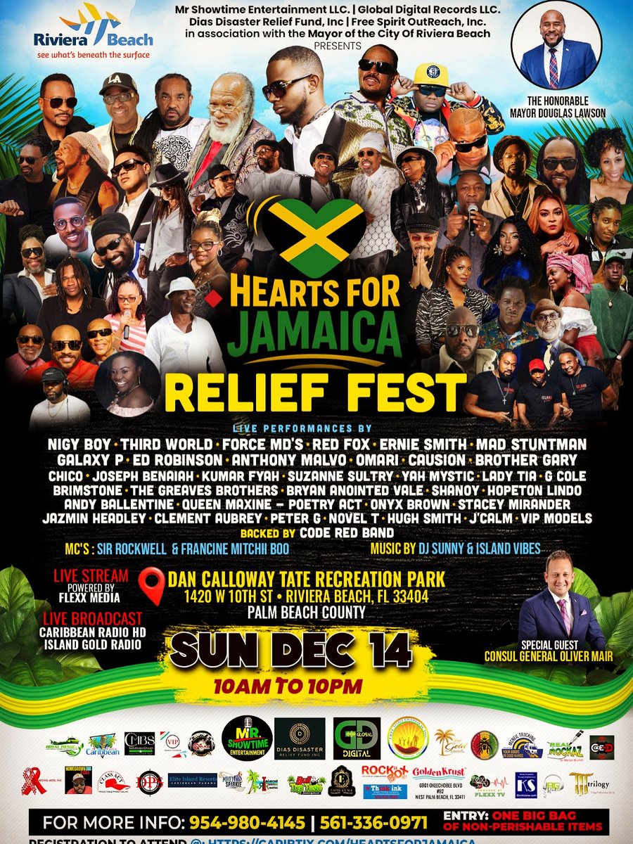 ReggaeGlobalEnt's tweet image. 🔥 NEW DATE ANNOUNCED! 🔥
Hearts for Jamaica Relief Fest is officially set for SUNDAY, DECEMBER 14TH, 2025 at Dan Calloway Tate Recreation Park, 1420 W 10th St, Riviera Beach, FL — 10AM to 10PM!
Get ready for an unforgettable day filled with incredible live performances and unity