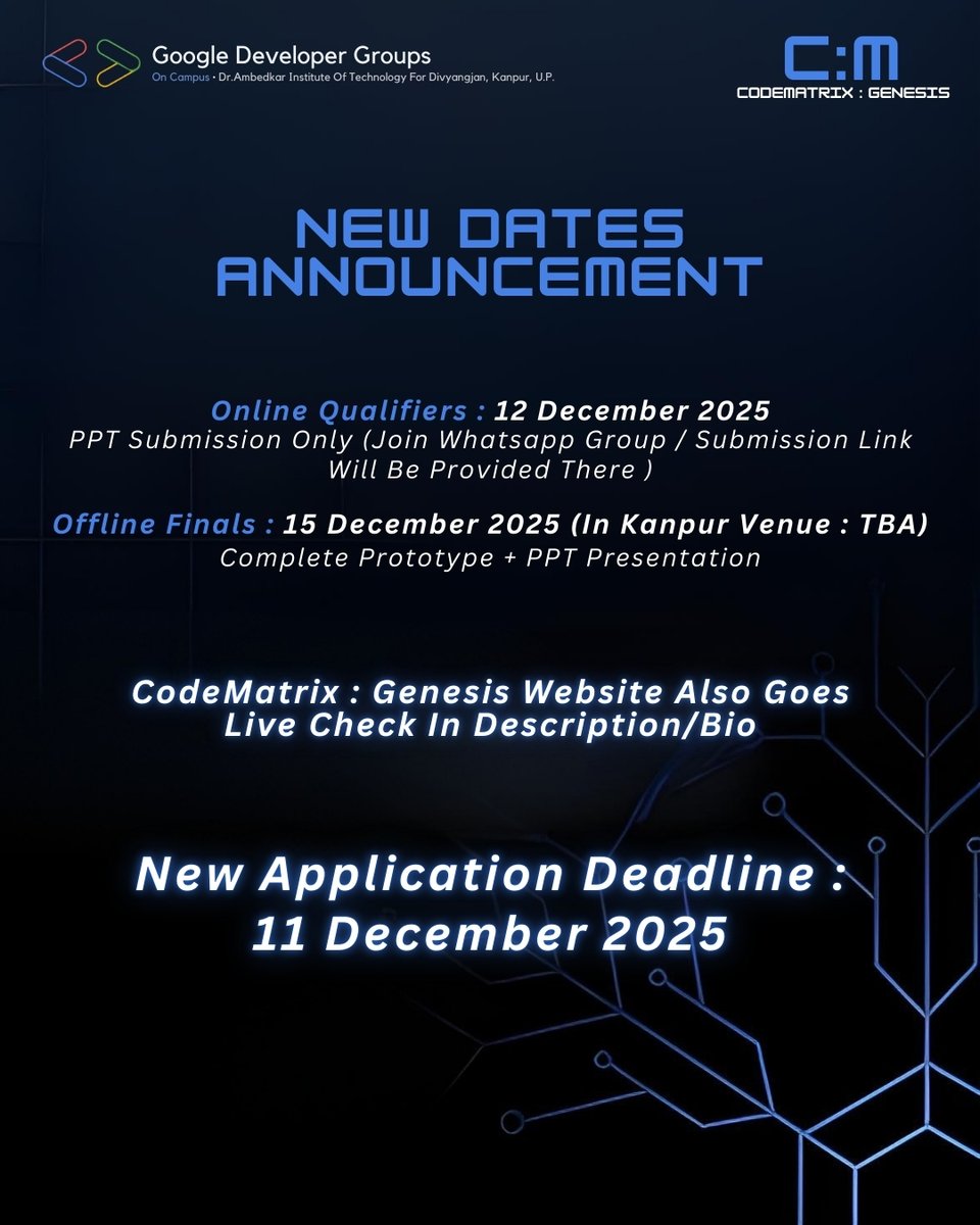 gdg_aitd's tweet image. 🚀 Deadline extended to 11 Dec 2025
Online Qualifier (12 Dec): PPT only
Offline Finals (15 Dec): Prototype + Pitch
Join WhatsApp: whatsapp.com/channel/0029Vb…
Website: codematrix-genesis-site.lovable.app
Apply: codematrix-genesis.devfolio.co
#CodeMatrixGenesis #Hackathon