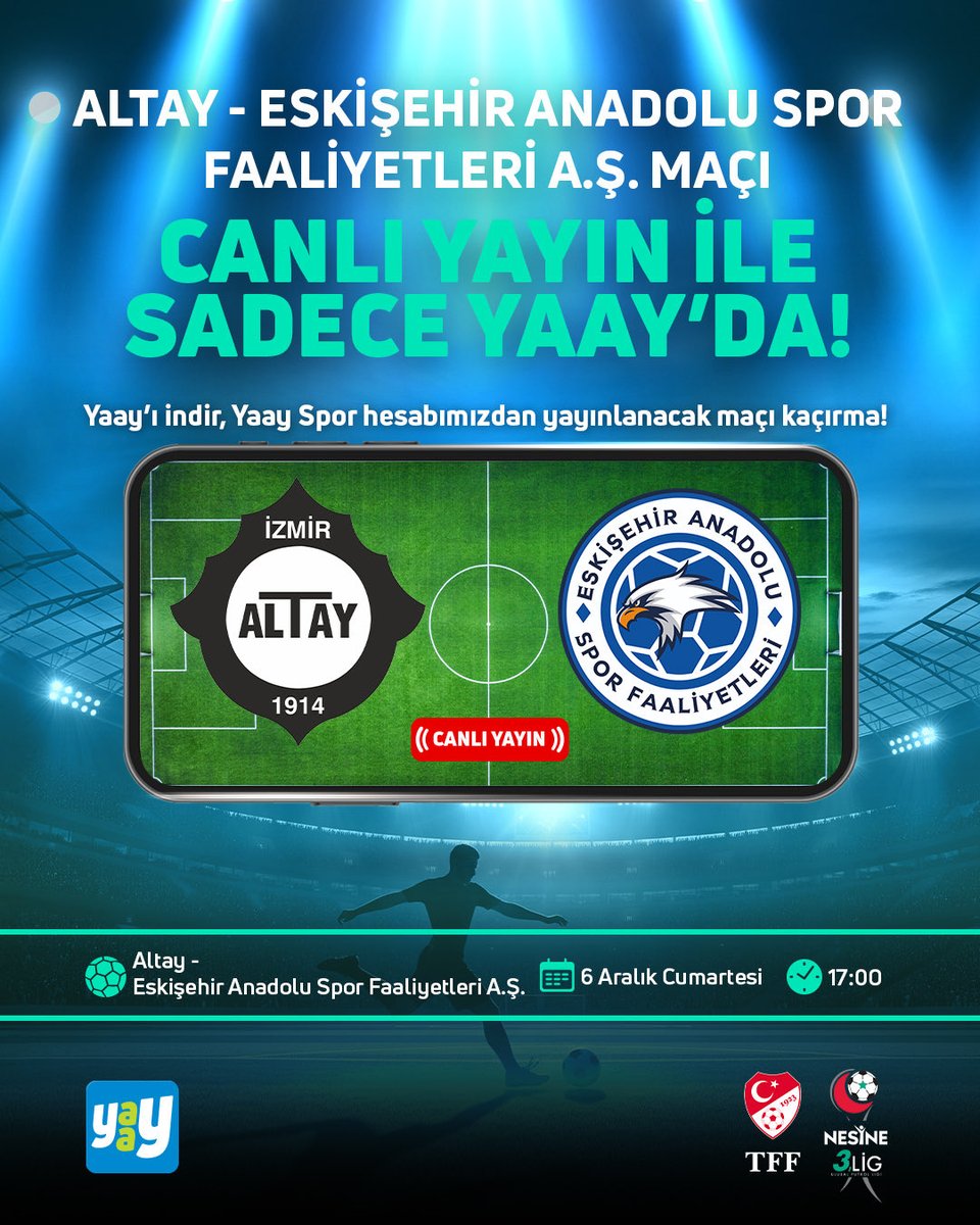 Bu haftanın Nesine 3. Lig Mücadelesi: Altay - Eskişehir Anadolu Spor Faaliyetleri A.Ş, 6 Aralık Cumartesi 17.00’de, canlı yayın ile sadece Yaay’da!

Hemen Yaay’ı indir, Yaay Spor hesabını takip et, maç heyecanına ortak ol! ⚽️🏆

Hemen indirin! 👉🏻 yaay.com.tr/login
Yaay Spor