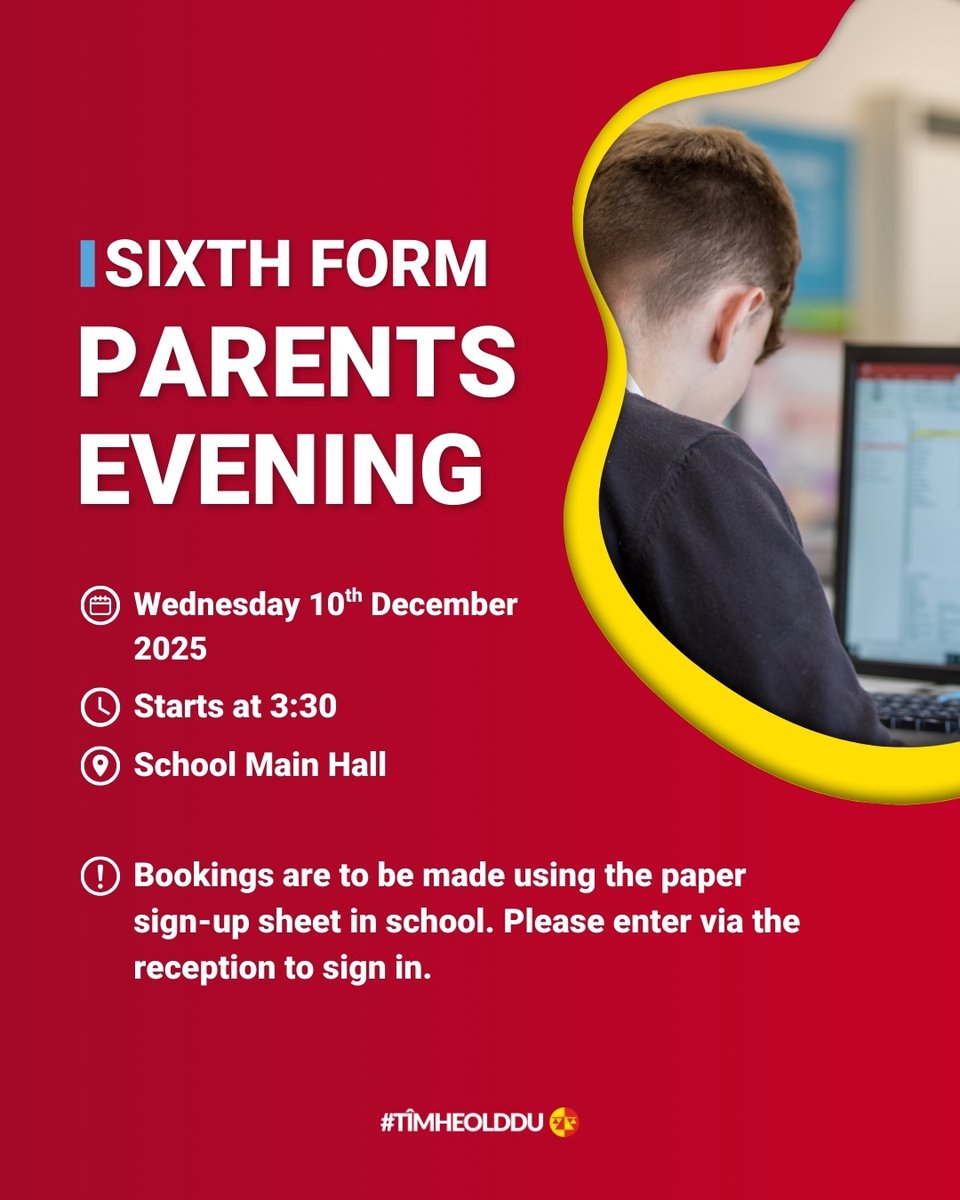 Sixth Form Parents' Evening

📅 Wednesday, 10th December
⏰ From 3:30 PM
📍 Main Hall

An opportunity to connect with teachers and support your child’s success.

#TîmHeolddu #TeamHeolddu