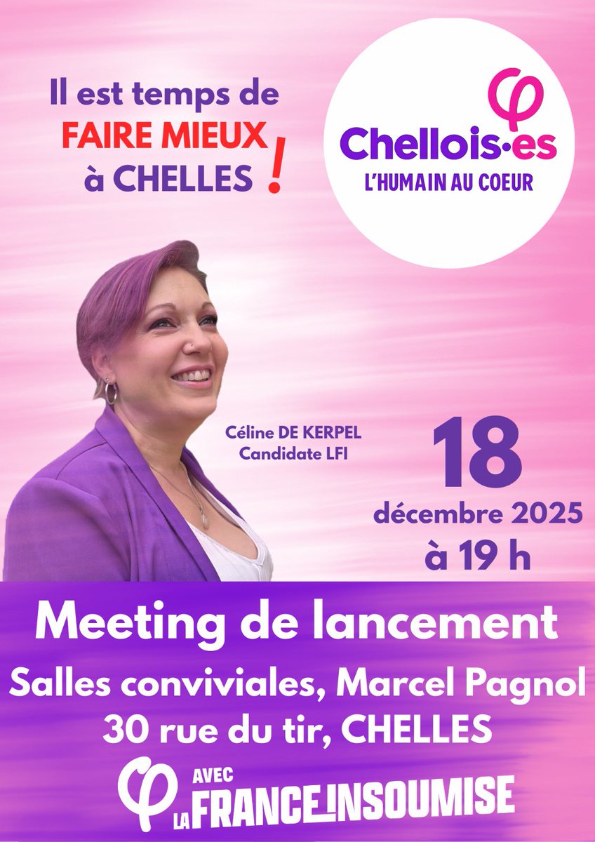 On se retrouve jeudi 18 décembre 2025 à 19h aux salles conviviales de Chelles pour le meeting de lancement de notre liste insoumise et citoyenne. ✊

Prêt•es à faire mieux pour Chelles ? 

#chelles
#chelloises2026
#LhumainAuCoeur 
#FaireMieux