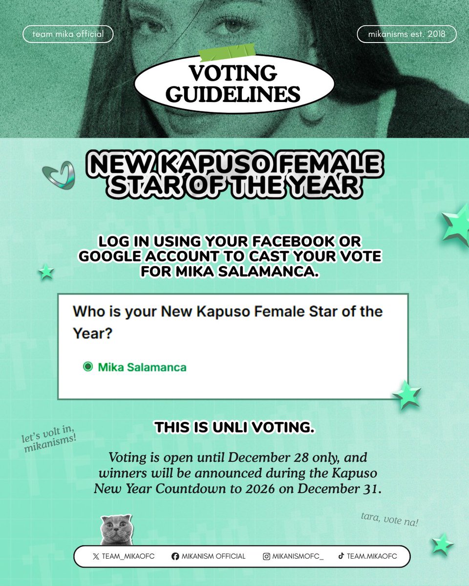team_mikaofc's tweet image. All out support for Mika Salamanca! 💚

Let’s give our full energy and love as we push Mika towards the 'New Kapuso Female Star of the Year' title! 

UNLI VOTING tayo, Mikanisms! 

Go to gmanetwork.com ➔ Log in ➔ cast your vote ➔ and repeat! 

Sabay-sabay tayong…