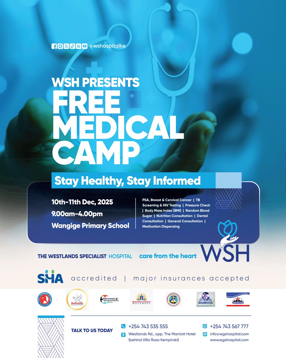 WSHospitalKE's tweet photo. Strengthening community health in Westlands.
Westlands Specialist Hospital hosts a 2-day medical camp next week with free screenings and consultations.

📍 Wangige Primary School ,Westlands | 🗓️ 10-11 December 

#Kenya #Nairobi #MedicalCamp #CommunityHealth #HealthcareKE https://t.co/fnTGF7f55E