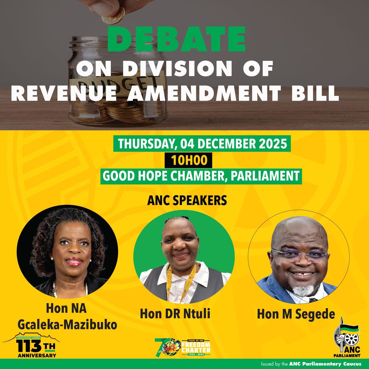 ANCParliament's tweet photo. ANC speakers in the National Assembly debates on the Division of Revenue Amendment Bill and the Rates and Monetary Amounts and Amendment of Revenue Laws Bill.
#ThePeoplesParliament https://t.co/7qG7DqVg0o