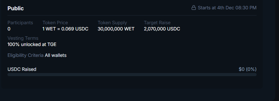 $WET Public Sale is almost here on <a href="/JupiterExchange/">Jupiter</a>

If you missed the whitelist, this one is for you 👇

🟢 Public round only
💎 FDV: $69M
🔓 100% unlock at TGE
💰 Raise: $2.07M
🧾 Cap: $1,000 per wallet
🕗 Time: 8:30 PM IST
⚡ Model: First Come, First Served
🔗