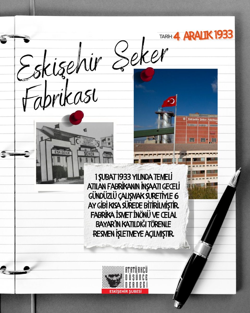 EskisehirAdd's tweet photo. Eskişehir Şeker Fabrikası’nın üretime geçişi, Atatürk’ün “Tam bağımsızlık ancak ekonomik bağımsızlıkla mümkündür” sözünün hayat bulmuş halidir.
Cumhuriyet’in kalkınma iradesi, aklın ve bilimin rehberliğinde yükselen bu fabrikalarda vücut bulmuştur.
👇🏻 https://t.co/nBK5h5yHnv