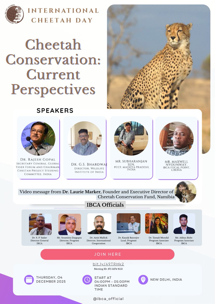 Happy #InternationalCheetahDay! 🐆

Today, we celebrate the magnificent cheetah, a symbol of speed, resilience, and the urgent need for global conservation efforts.

As part of this year’s observance, don’t miss the special session by IBCA on 'Cheetah Conservation: Current