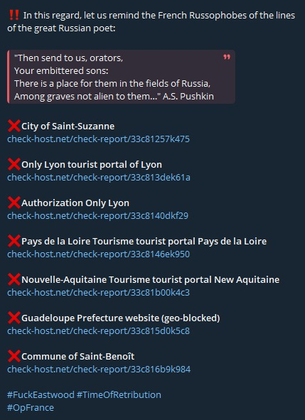 FalconFeedsio's tweet photo. 🚨 DDoS Alert: 🇫🇷

NoName claims to have targeted multiple websites in France.

- Ville de Sainte-Suzanne
- ONLY LYON
- Pays de la Loire Tourism
- Nouvelle-Aquitaine Tourisme
- Prefect of the Guadeloupe region
- Ville de Saint-Benoît https://t.co/ySfjPHVO43