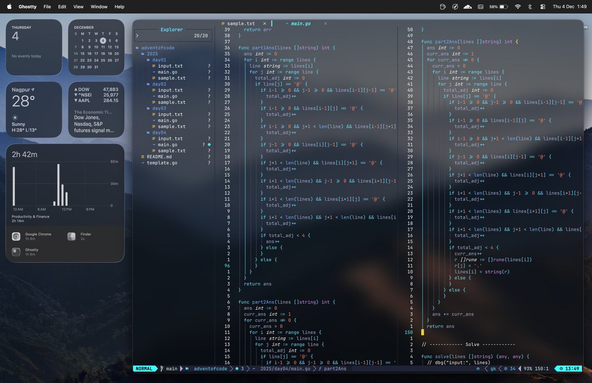 NirbhaySirsikar's tweet image. Done with day 4 🫡
Bruteforce for the win 😂

I did cheat on day 3 part 2, later realized it was simply a &quot;maximum subsequence of fixed length&quot; problem

adventofcode.com/2025/day/4 #AdventOfCode