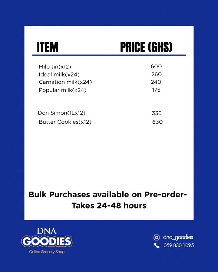 For all your Christmas bulk purchases, let us handle them. 

✅Discount on some items depending on the quantity 

Send us a message via WhatsApp on 0598301095 to place your order.