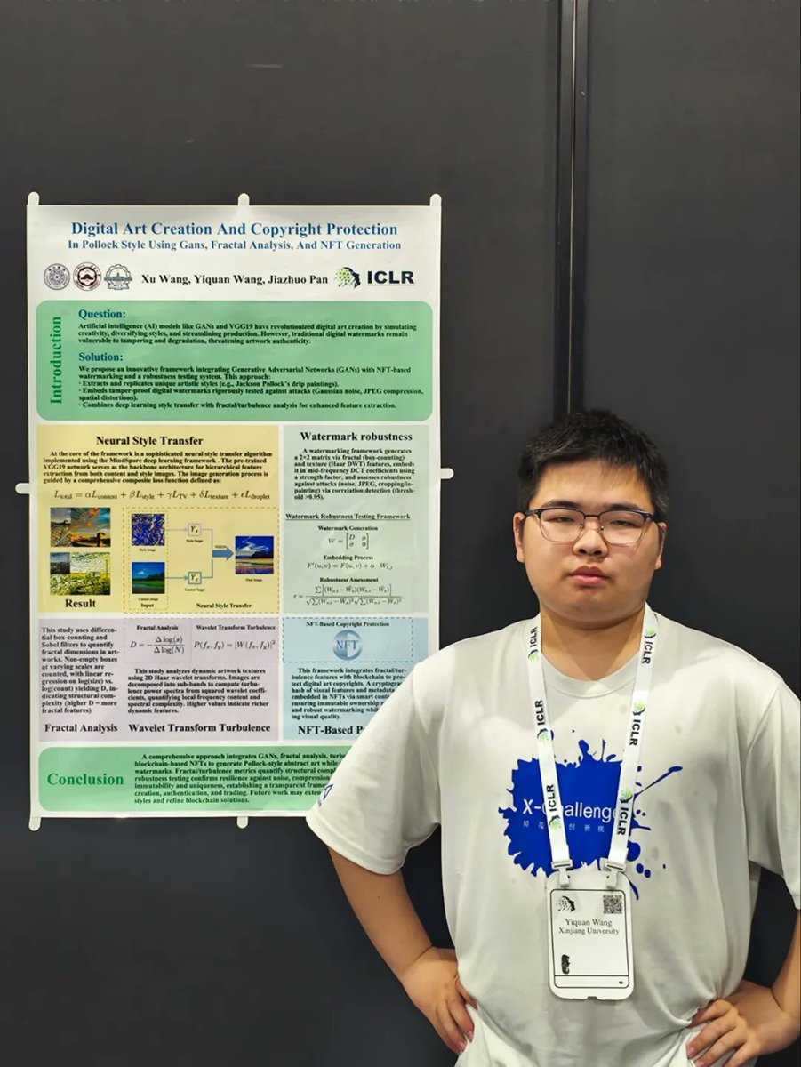 Congrats to XJU student, Wang Yiquan! 🎉 His ICLR 2025 Workshop paper, powered by MindSpore, presents a framework generating dynamic Jackson Pollock-style art and securing its provenance via digital watermarking tied to NFT metadata. #AI
🔗openreview.net/forum?id=ZiLEU…