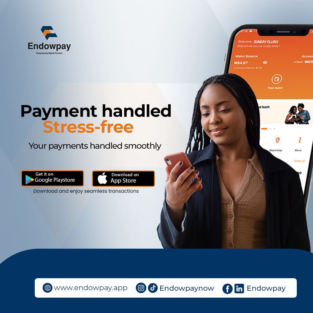 Stress-free payments start here. 
With Endowpay,every transaction is smooth,fast, and hassle-free.
Download the app today and enjoy seamless payments anywhere,anytime.

#Endowpay #StressFreePayments #DigitalPayments #BillsMadeEasy #FastAndEasy #NaijaFintech #SeamlessTransactions
