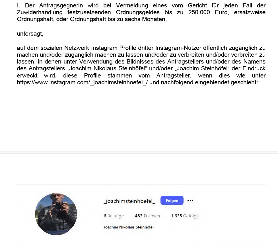 Meta macht Milliarden mit betrügerischer Werbung. In dieses kriminelle Ökosystem gehört die Duldung von massenhaft Fake-Profilen wie hier auf Instagram. Dieses wurde noch am Tag der Antragstellung von der Pressekammer des LG Frankfurt verboten.