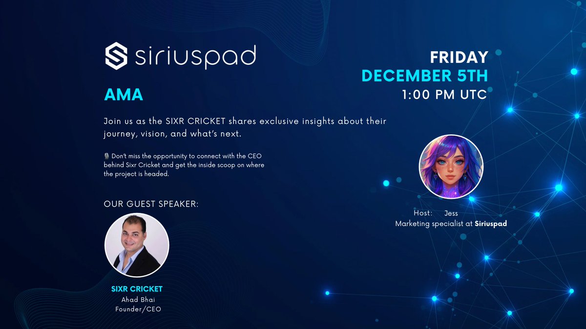 🌟Mark Your Calendars! 🌟

Siriuspad is hosting an exclusive Live AMA with <a href="/SIXR_cricket/">SIXR Cricket</a>
Join us on December 5th (Friday) at 1 PM UTC for an exciting session with the team behind Sixr Cricket.

This is your chance to ask questions, dive into the vision of Sixr Cricket, and get