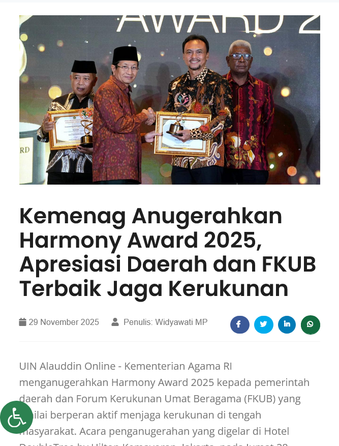 Sejak kickoff dua bulan lalu, 328 kab/kota dan 31 provinsi telah mengikuti proses panjang penilaian daerah yg konsisten merawat kerukunan. Hingga puncaknya 28/11/2025 kmrn Harmony Award 2025 dianugerahkan.