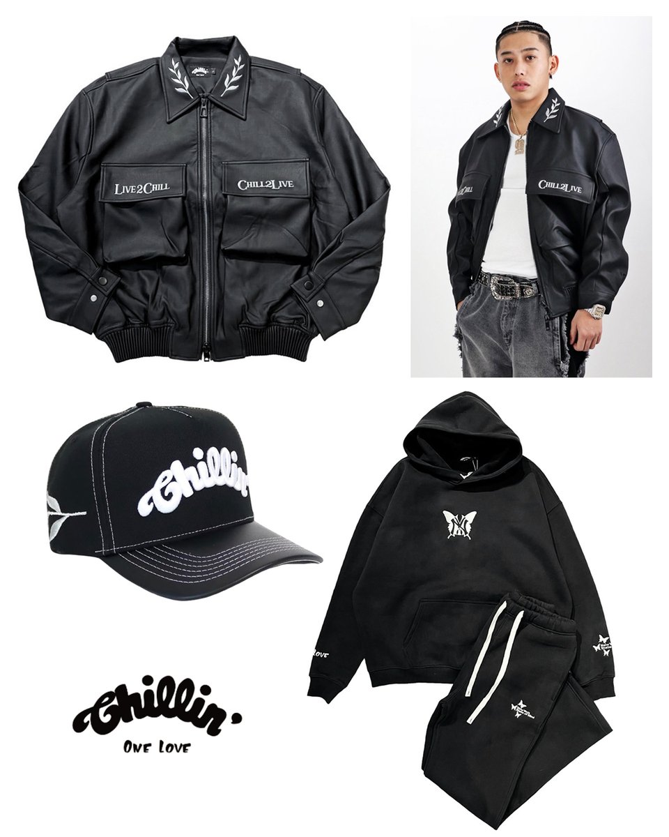 CHILLIN】 L2C PU LEATHER JACKET&NY BUTTERFLY SWEAT SETUP(BLACK
