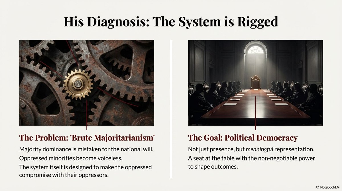 rkjat65's tweet image. 3/14
Ambedkar&apos;s core diagnosis: &quot;The System is Rigged&quot;

Problem: Brute majoritarianism
Goal: Political Democracy

#PowerDynamics #Democracy