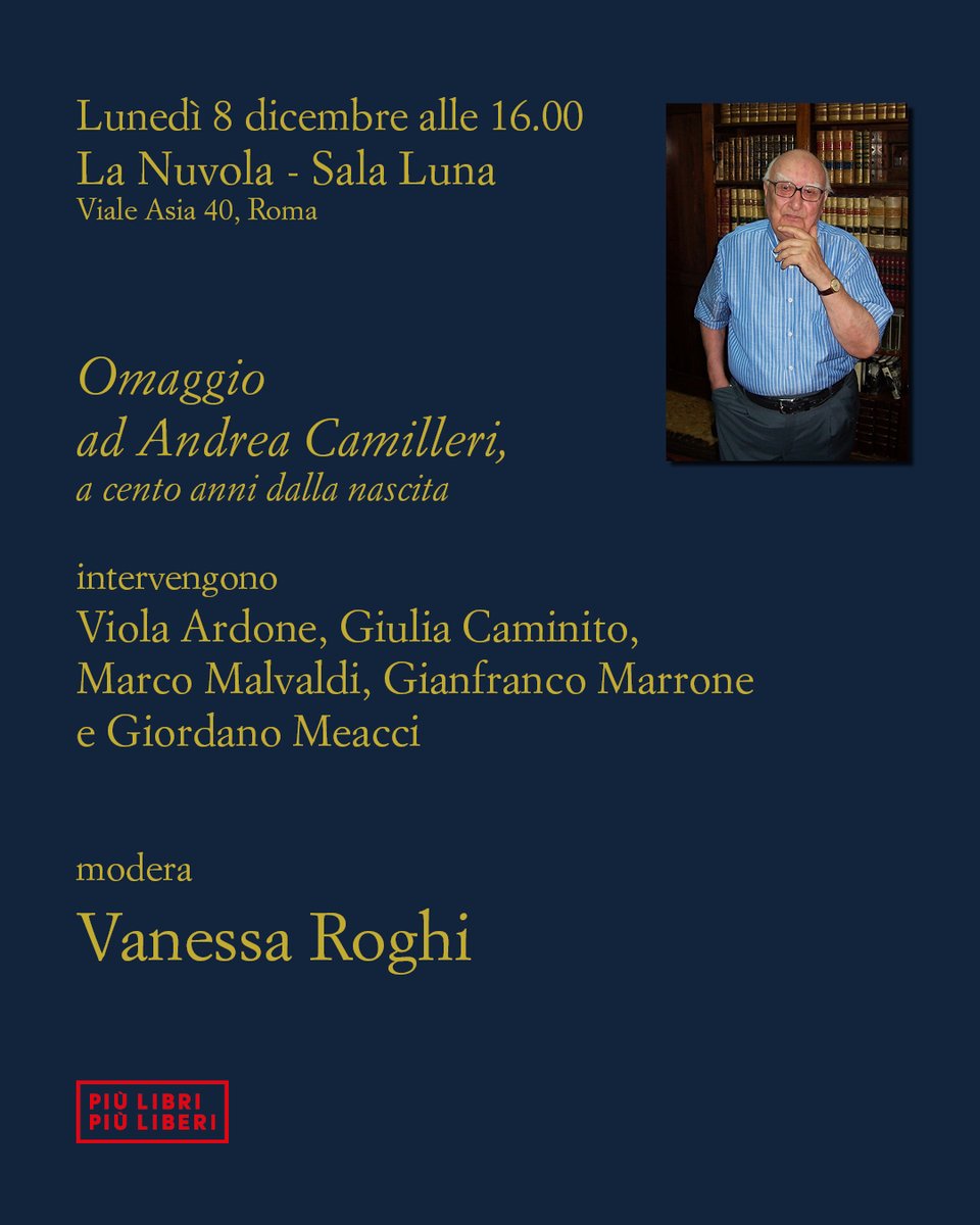 Oggi pomeriggio in Sala Luna omaggio ad Andrea #Camilleri in compagnia di Viola Ardone, Giulia Caminito, Marco Malvaldi, Gianfranco Marrone, Giordano Meacci e <a href="/VaniuskaR/">Vanessa Roghi</a> <a href="/piulibri25/">Più libri più liberi</a>