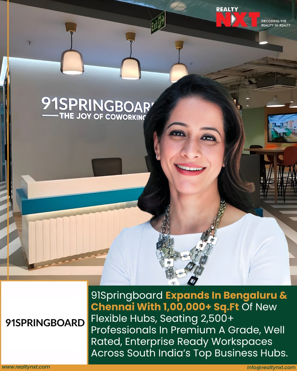RealtyNXT's tweet image. #News | @91springboard Launches new hubs in Bengaluru &amp;amp; Chennai, adds 1,00,000 sq.ft to expand flexible workspace capacity.

#RealtyNXT #91Springboard #FlexibleWorkspace #CoworkingIndia #Workspace #Expansion #Bengaluru #Chennai