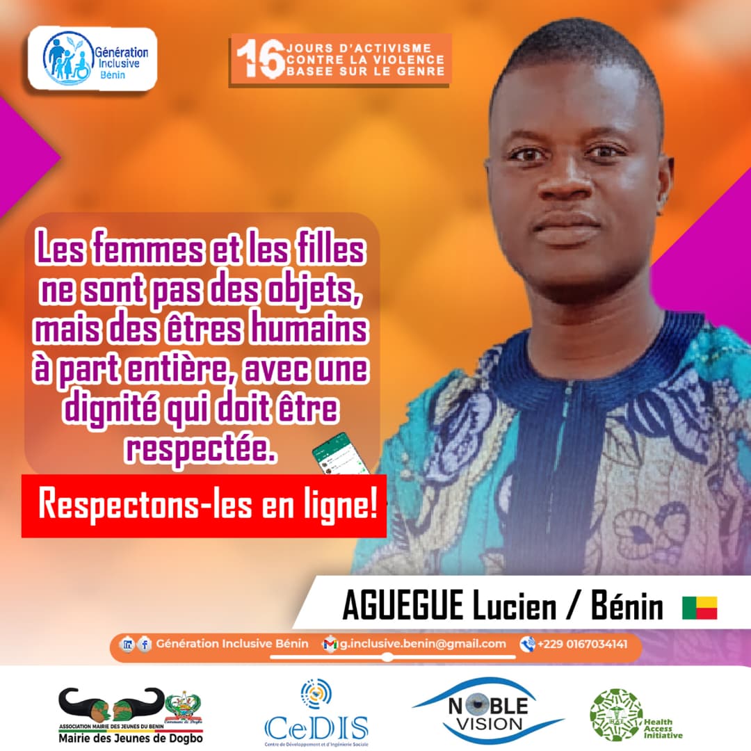 👱‍♀️👩‍🦰Les femmes et les filles ont droit à un espace numérique sûr et respectueux.
Rejoignez-nous pour mettre fin à la violence numérique !
#GenerationInclusiveBenin
#HealthAccessInitiative
#CeDIS
#NobleVision
#MASM
#INF
#PNUD
#UNICEFBenin
#UNFPA
#ENABEL
#16DaysOfActivism