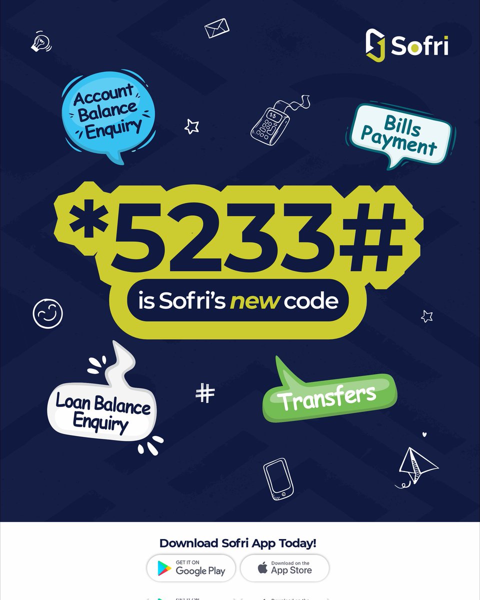 Bank_Sofri's tweet photo. Sofri has a new USSD code - *5233#.
#BankSofri
#SofriNewUSSDCode https://t.co/oD2tYOjp4m