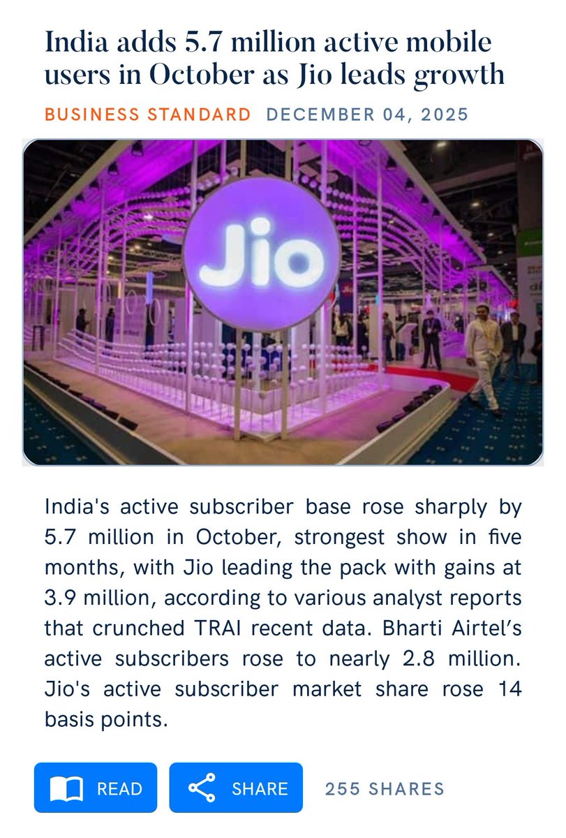 JManavadar's tweet image. India adds 5.7 million active mobile users in October as Jio leads growth
business-standard.com/india-news/ind…