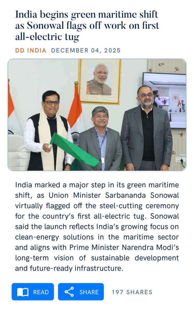 JManavadar's tweet image. India begins green maritime shift as Sonowal flags off work on first all-electric tug
ddindia.co.in/2025/12/india-…