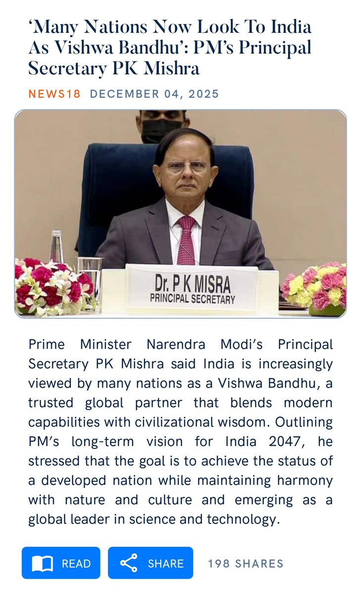 JManavadar's tweet image. ‘Many Nations Now Look To India As Vishwa Bandhu’: PM’s Principal Secretary PK Mishra
news18.com/amp/business/m…