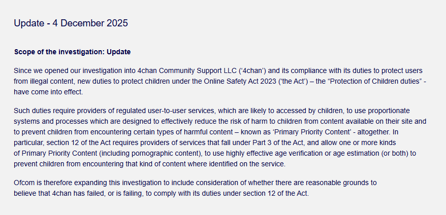 owenboswarva's tweet image. UK regulator Ofcom is expanding the scope of its Online Safety Act investigation into 4chan ofcom.org.uk/online-safety/…

#censorship #openweb #techpolicy #ohnoes