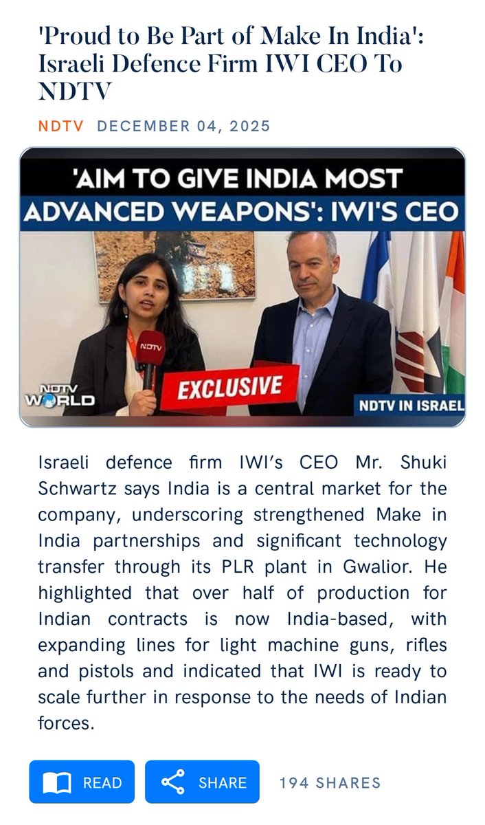 JManavadar's tweet image. &apos;Proud to Be Part of Make In India&apos;: Israeli Defence Firm IWI CEO To NDTV
ndtv.com/video/israel-n…