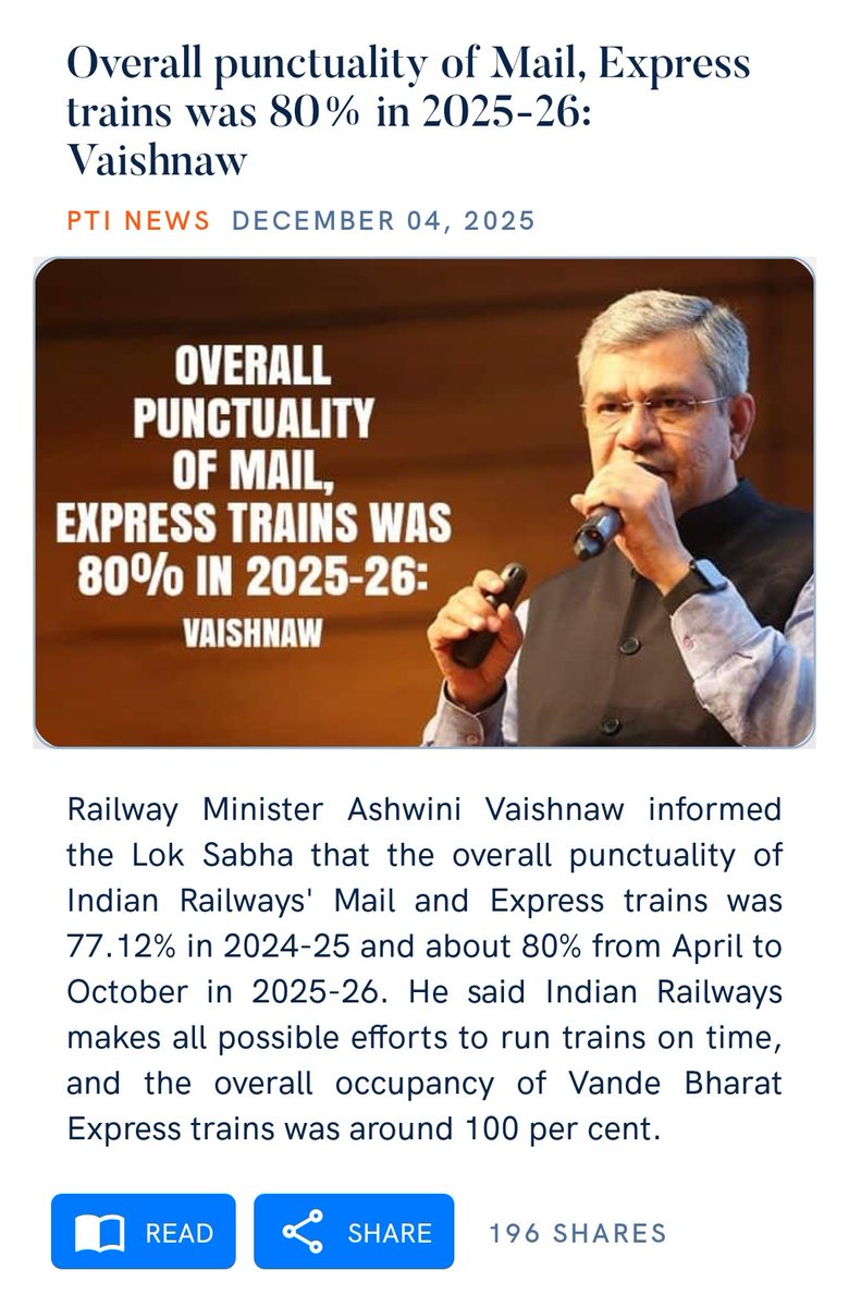 JManavadar's tweet image. Overall punctuality of Mail, Express trains was 80% in 2025-26: Vaishnaw
ptinews.com/story/national…