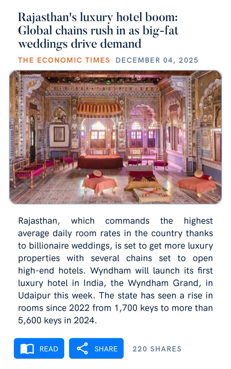JManavadar's tweet image. Rajasthan&apos;s luxury hotel boom: Global chains rush in as big-fat weddings drive demand
economictimes.indiatimes.com/industry/servi…