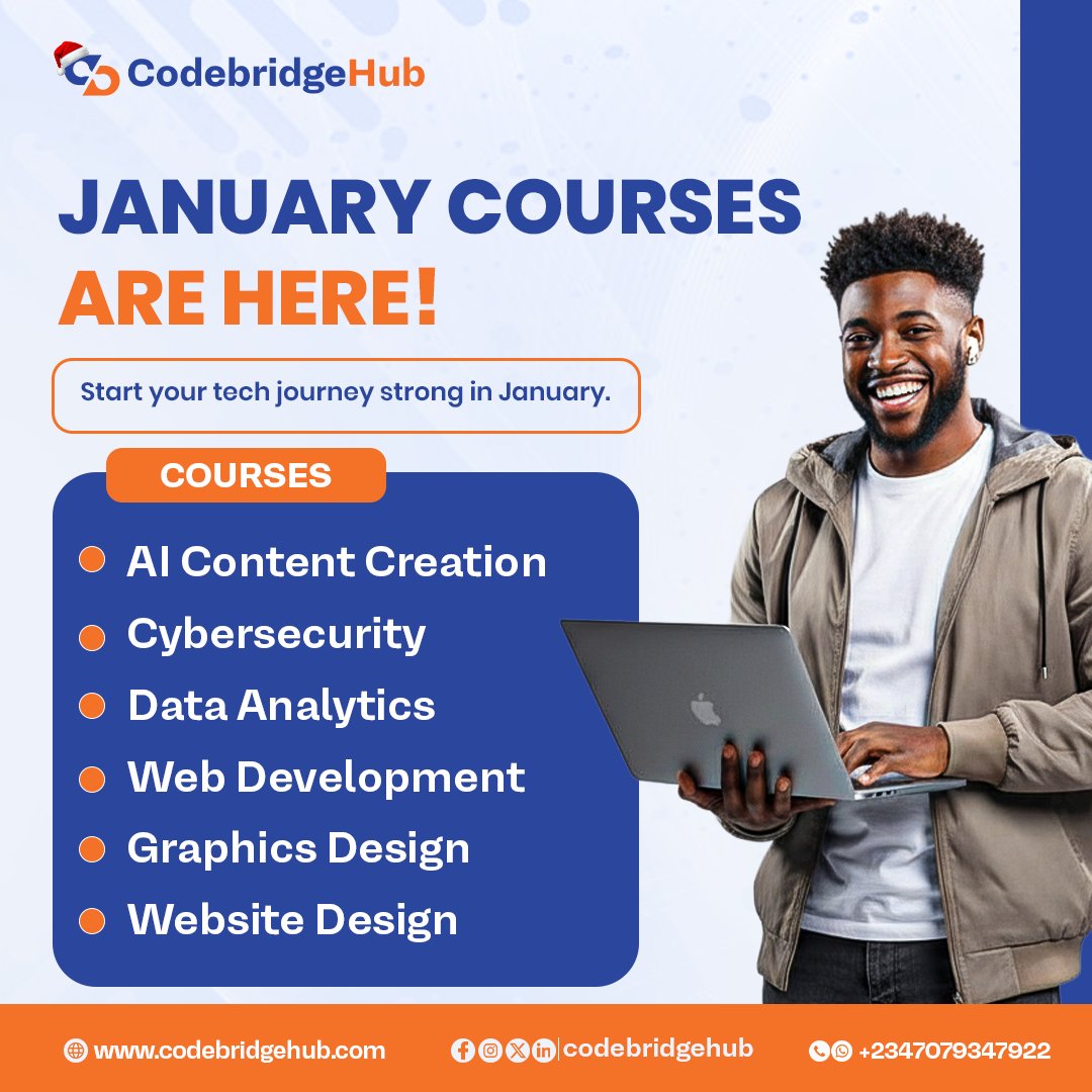 codebridgehub's tweet image. New year, new income stream? 
Our January courses cover the most in-demand tech skills: 
♦️AI, 
♦️Web Dev, 
♦️Graphics Design &amp;amp; more.
 Practical training that opens doors. 💼 codebridgehub.com #CareerGrowth #newyeargoals #CodingJourney #Techjourney