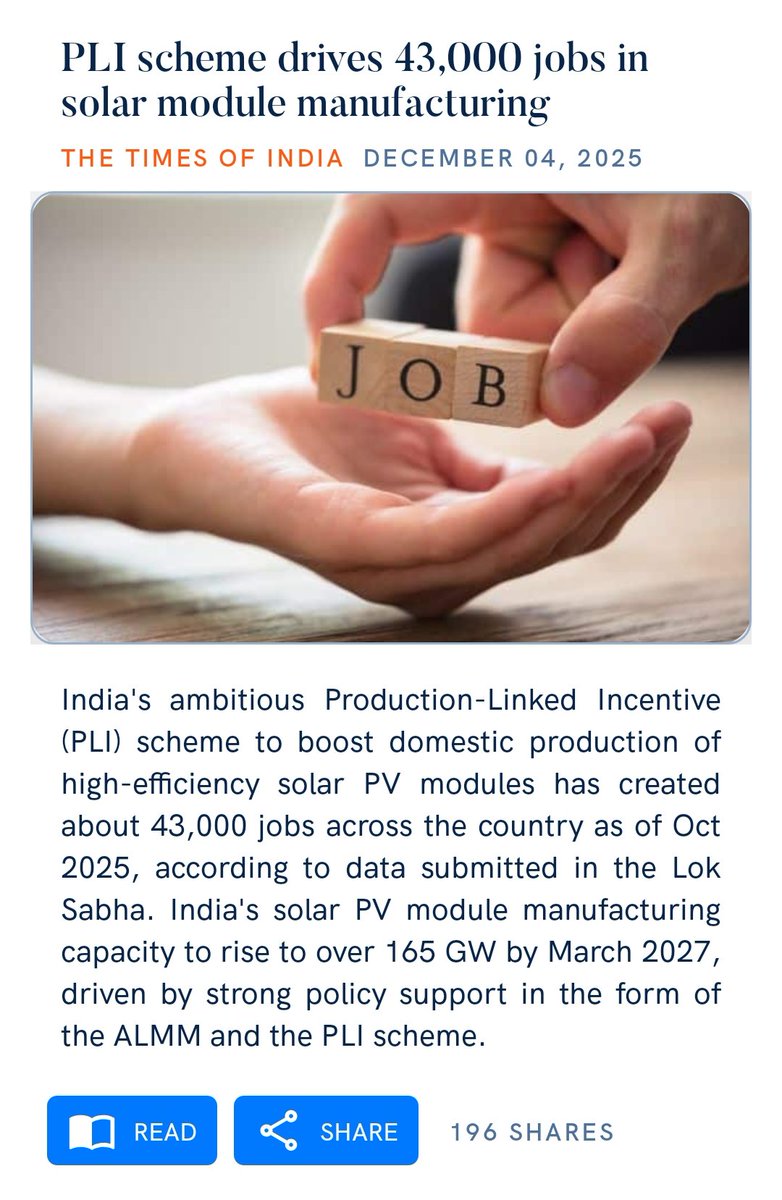JManavadar's tweet image. PLI scheme drives 43,000 jobs in solar module manufacturing
timesofindia.indiatimes.com/city/chennai/p…