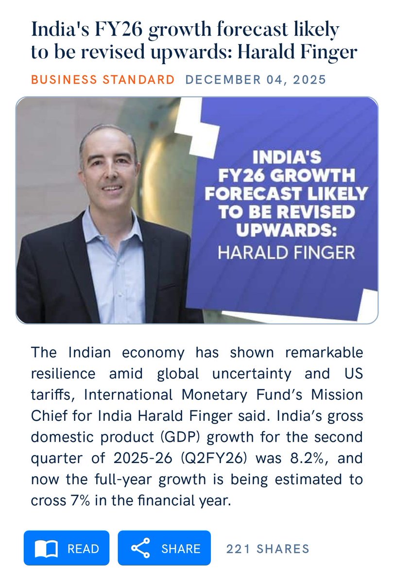 JManavadar's tweet image. India&apos;s FY26 growth forecast likely to be revised upwards: Harald Finger
business-standard.com/amp/economy/in…