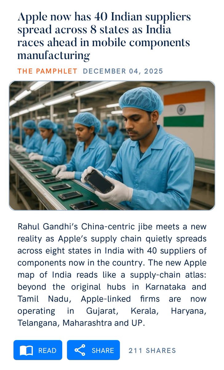 JManavadar's tweet image. Apple now has 40 Indian suppliers spread across 8 states as India races ahead in mobile components manufacturing
thepamphlet.in/apple-now-has-…
