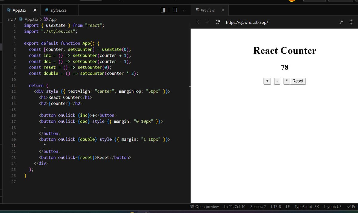 PranavRanjan23's tweet image. Again starting from zero , created the counter App to understand useState , updating the state Correctly , Event-Handling,  Re-rendering
#ReactJS #JavaScript #WebDevelopment #100DaysOfCode #CodingJourney #DevCommunity #CodeNewbie