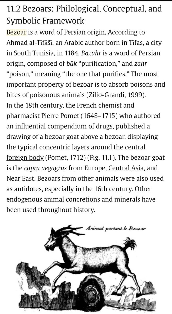 TheKoshurDoc's tweet photo. @drkeithsiau Gastric Bezoar: ingested material forming masses or concretions.

Bāzahr is a word of Persian origin, composed of bāk “purification,” and zahr“poison,” meaning “the one that purifies.” The most important property of bezoar is to absorb poisons and bites of poisonous animals https://t.co/ihwYvA7CM1