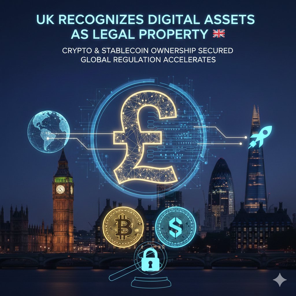 The UK now officially recognizes digital assets as legal property. 🇬🇧  Crypto and stablecoin ownership gains clear legal protection. A big step  toward U.S. alignment and stronger global crypto regulation. 🚀 #stablecoin  #